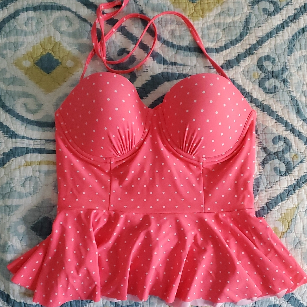 Xhilaration Coral and White Polka Dot Tankini Top M